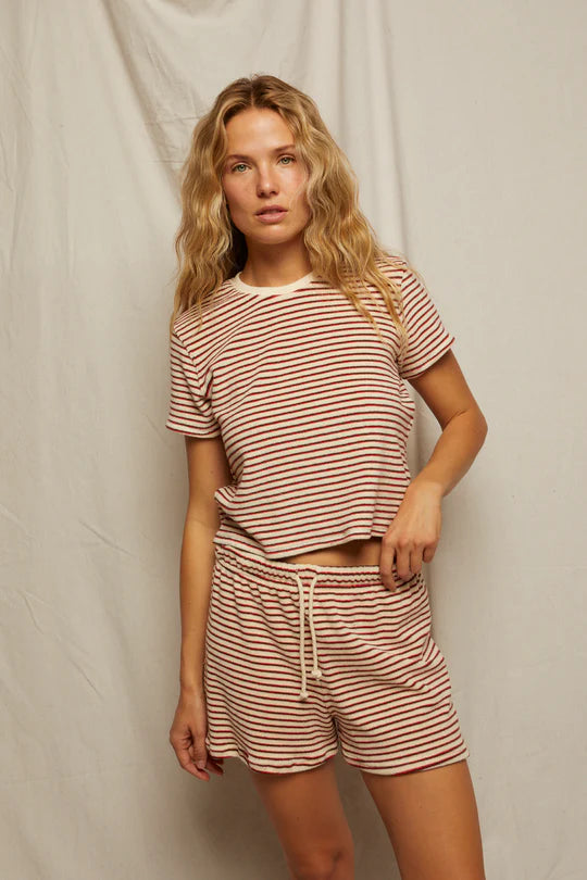 Perfect White Tee | Bree Loop Terry Stripe Crew Neck - Poppy/Chocolate Stripe