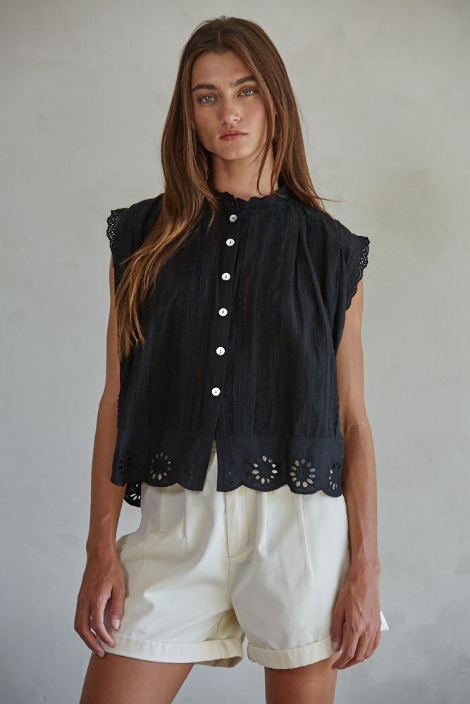 Adva Eyelet Buttondown Top - Black
