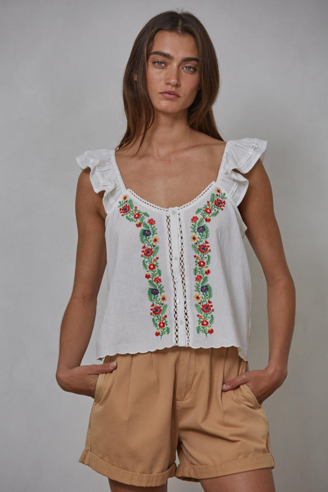 Calles Floral Embroidered Top- Off White