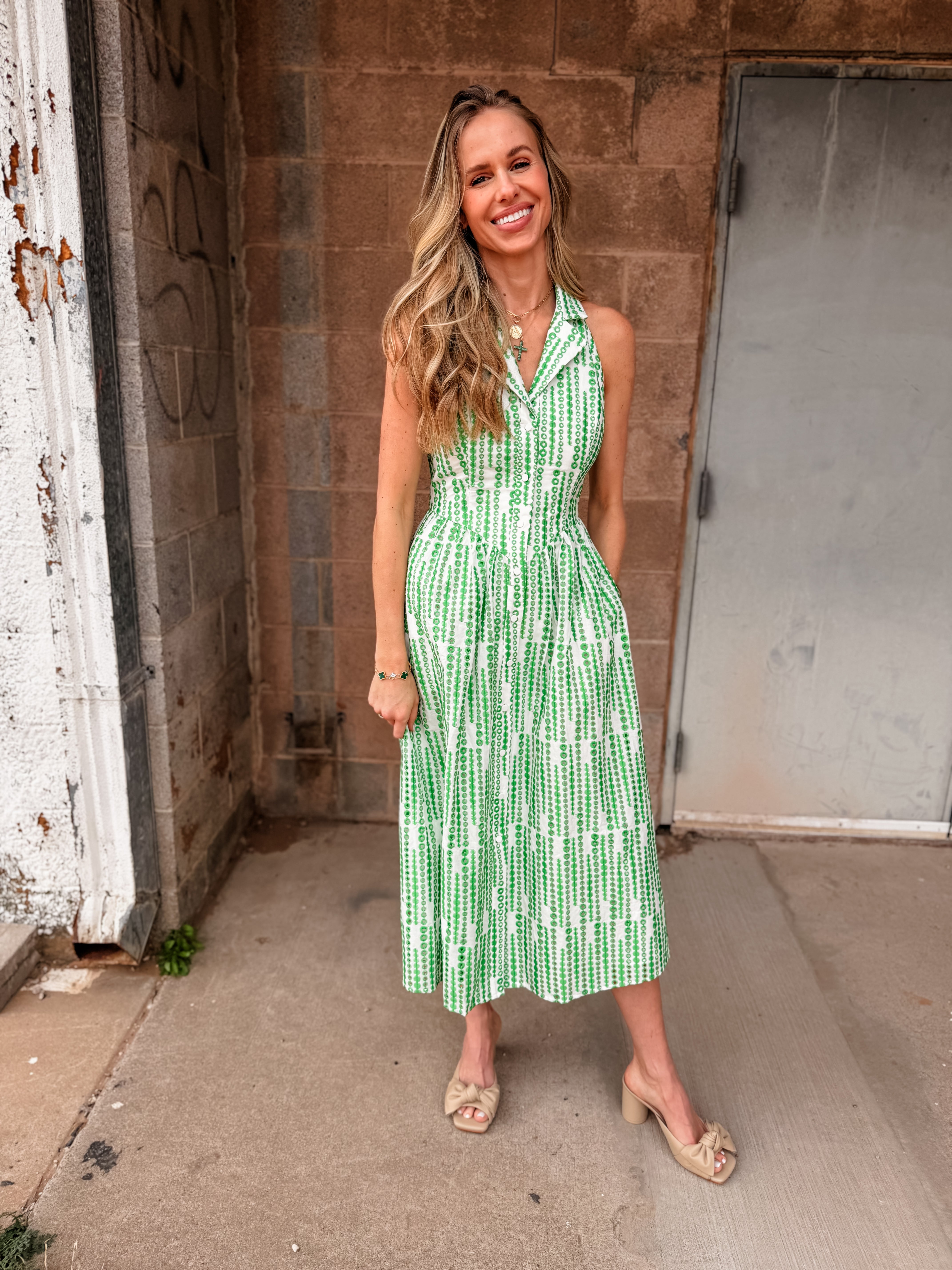 adelyn rae green dress Adelyn Rae | Ruby Halter Embroidery Midi Dress - White/Green