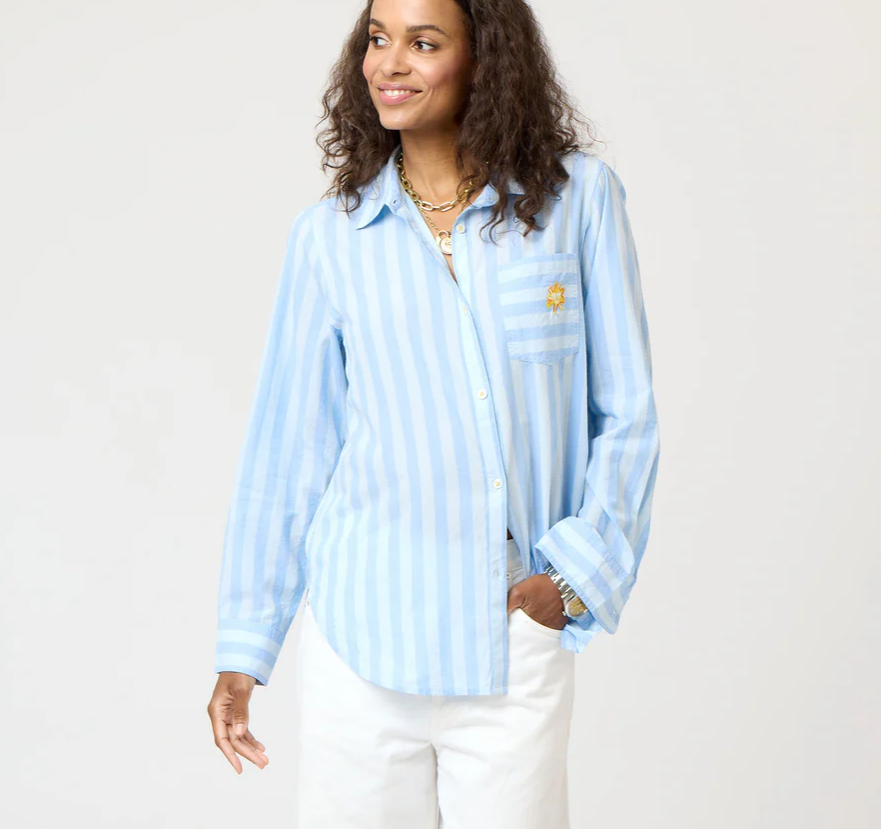 Kerri Rosenthanl | Mia Stripe Positano Shirt - Santorini Blue