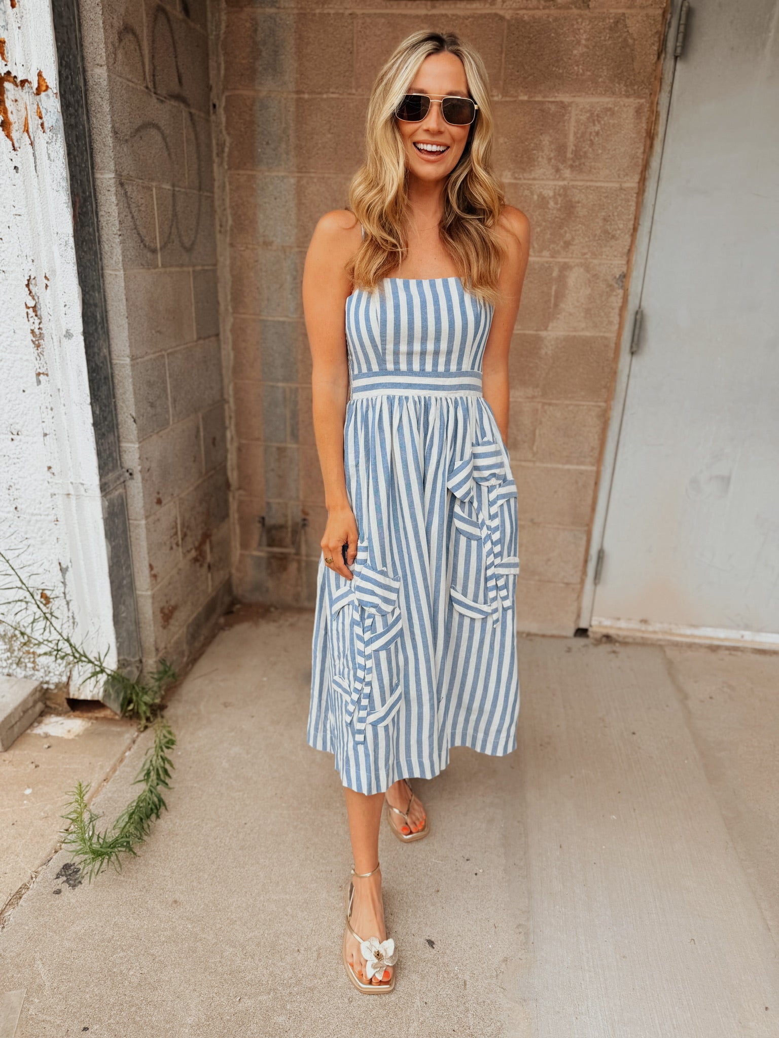 Adelyn Rae | Emilia Y/D Striped 3D Floral Midi Dress