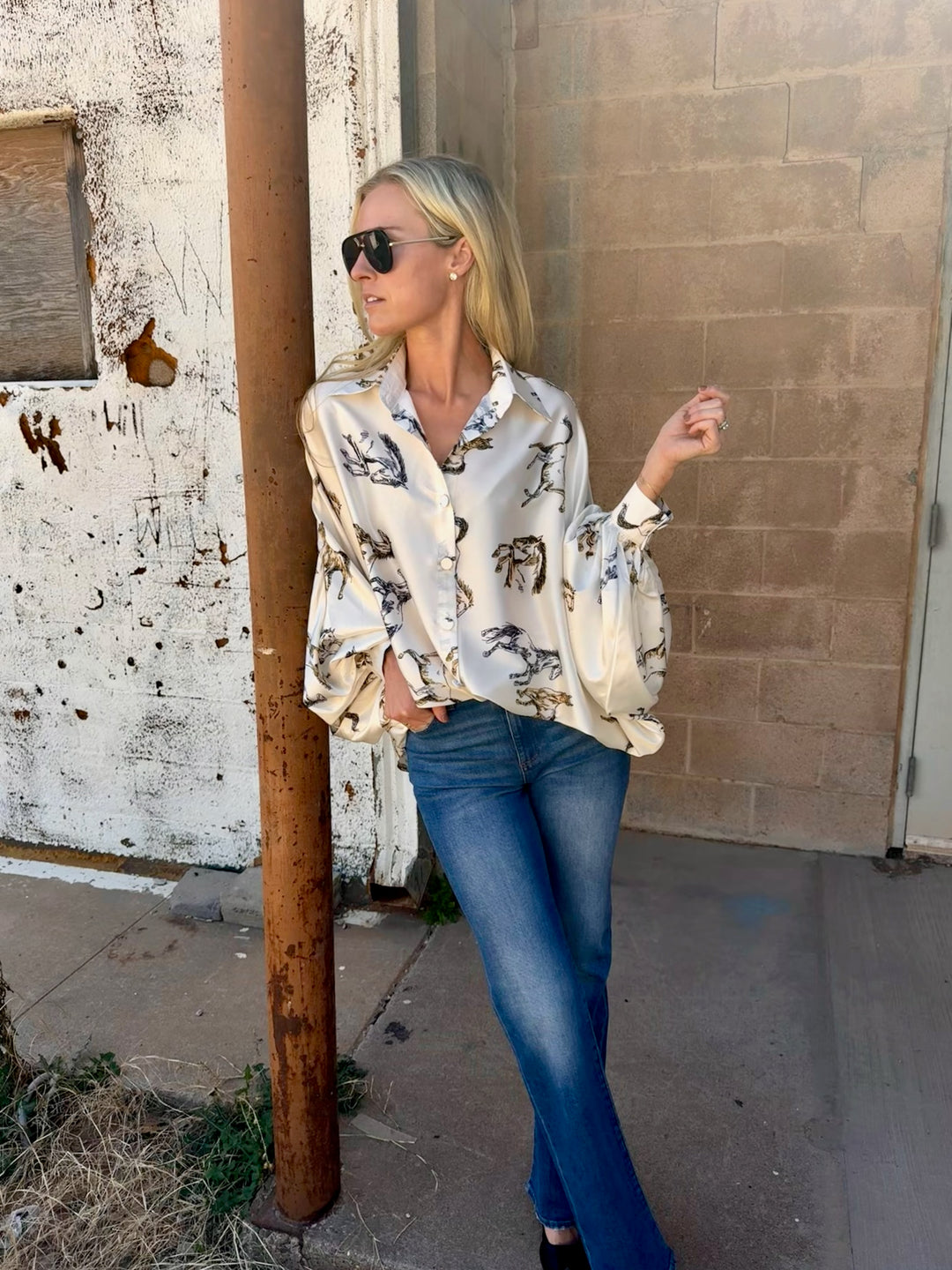 Beulah Style | Angle Horse Printed Satin Blouse - Ivory