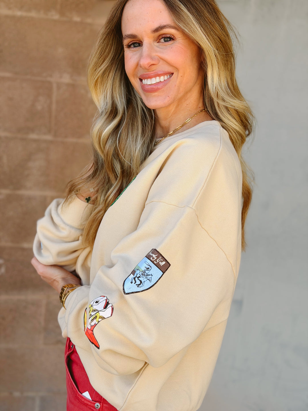 Daydreamer | Western Patches Oversized Crew Sweatshirt - Sand