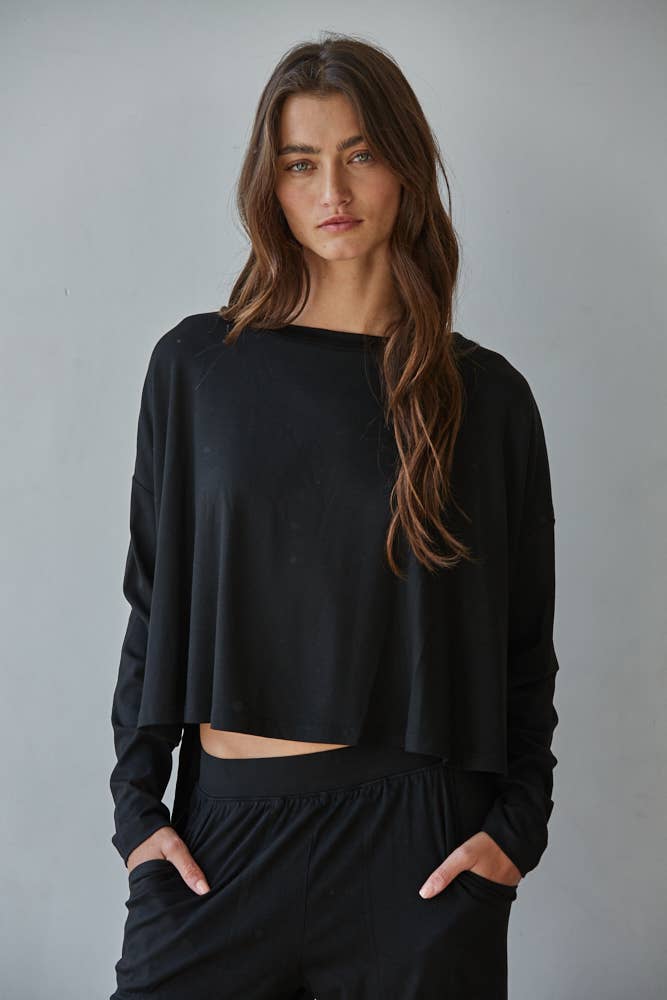 By Together | Knit Viscose Spandex Round Neck Long Sleeve Top - Black