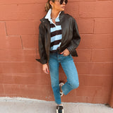 Good American | The Cropped Rugby Polo - Espresso Sky Block Stripe