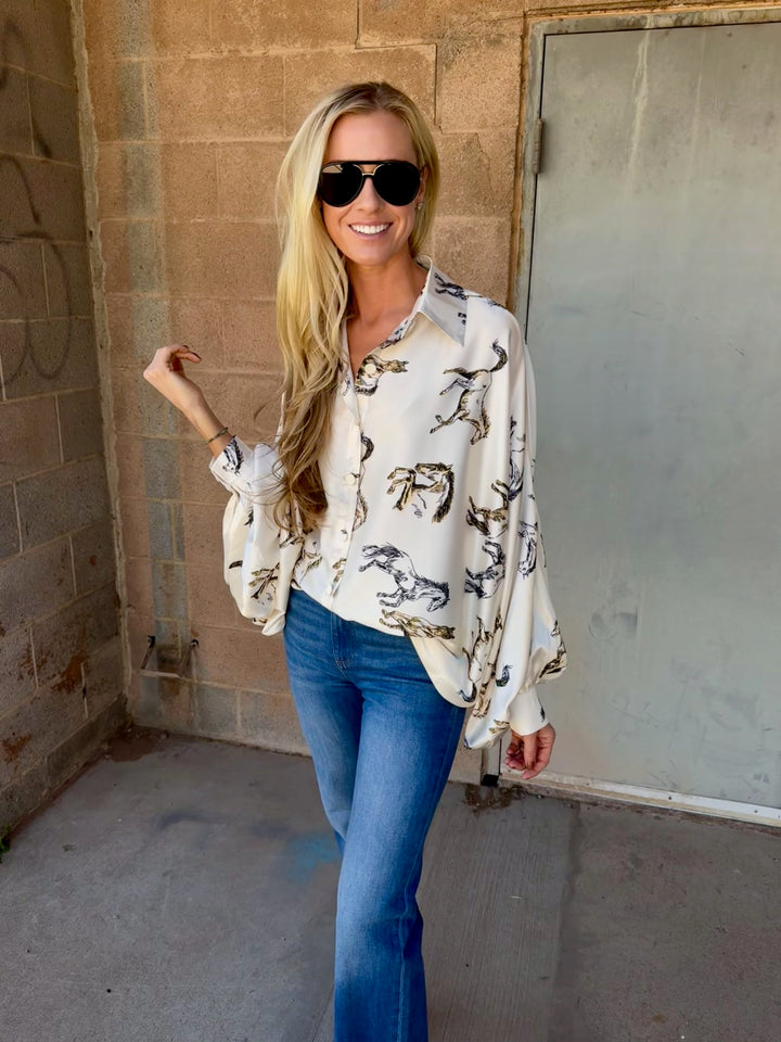Beulah Style | Angle Horse Printed Satin Blouse - Ivory