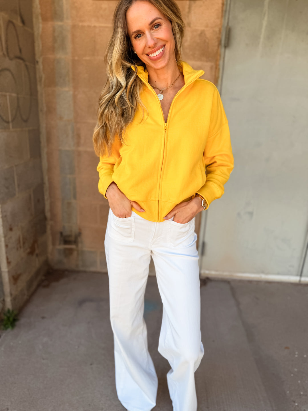 Kerri Rosenthal | Zip Up Mock Neck Sweatshirt - Golden Yellow