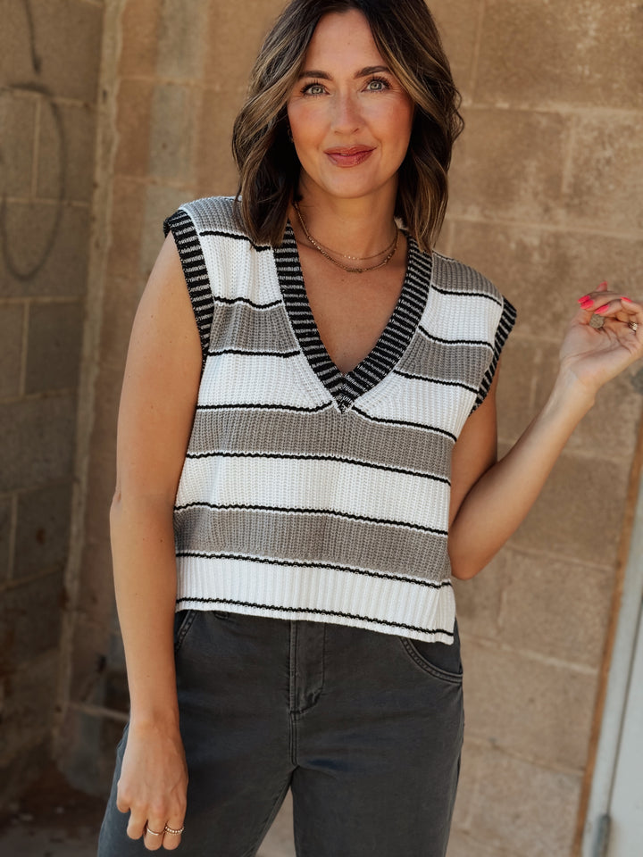 Deep V Sweater Vest | Heather Grey Stripe