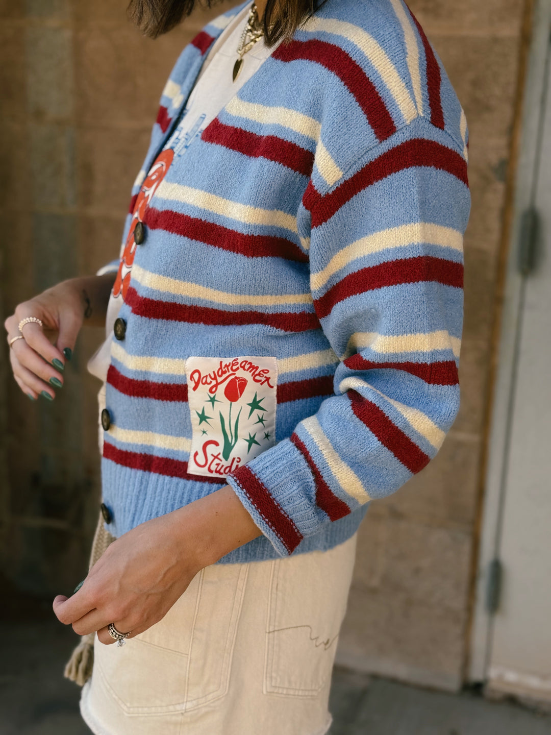 Daydreamer | Stripe V-Neck Slouch Cardigan- Blue/Red Cream