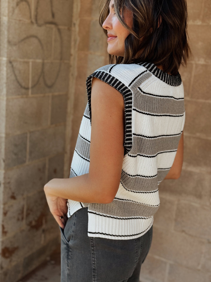 Deep V Sweater Vest | Heather Grey Stripe