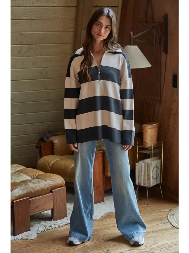 Fontaine Half Zip Long Sleeve Sweater - Charcoal /Cream