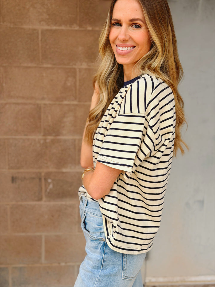By Together | Knit Striped Short Sleeve Crew Neck Top - Natural Navy