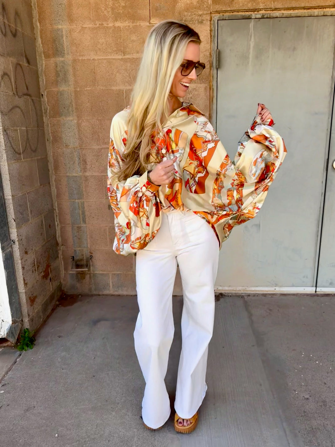 Beulah | Modern Abstract Satin Blouse - Orange