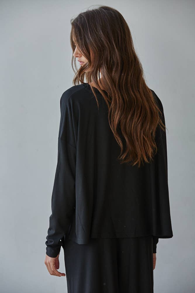 By Together | Knit Viscose Spandex Round Neck Long Sleeve Top - Black