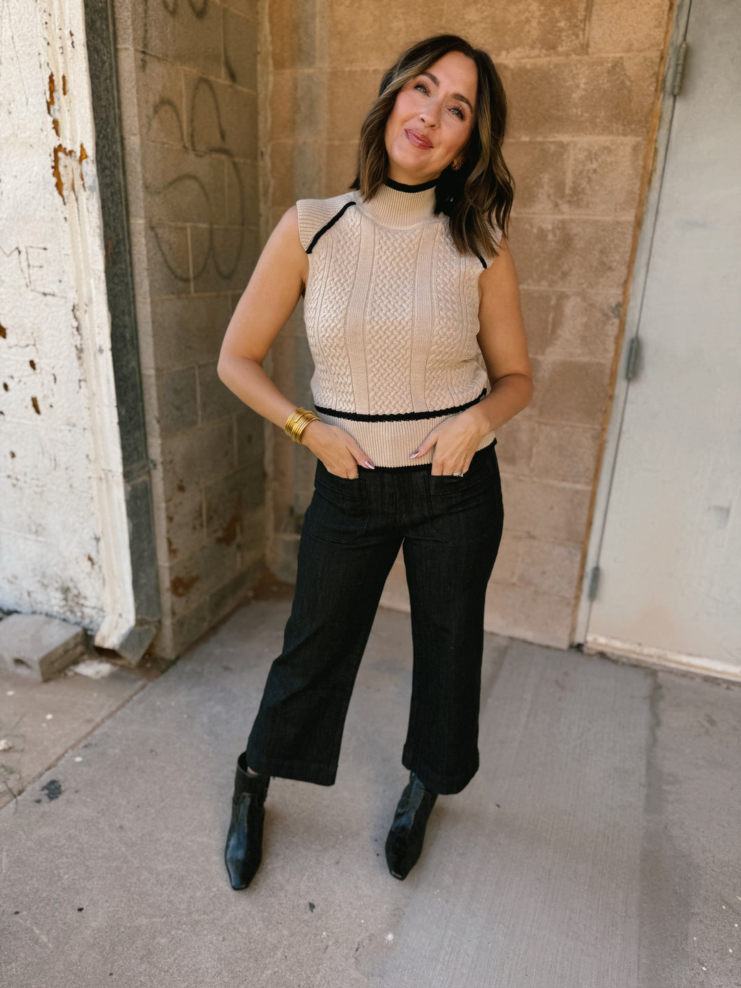 Joe Turtleneck Vest - Ecru Melange with Black
