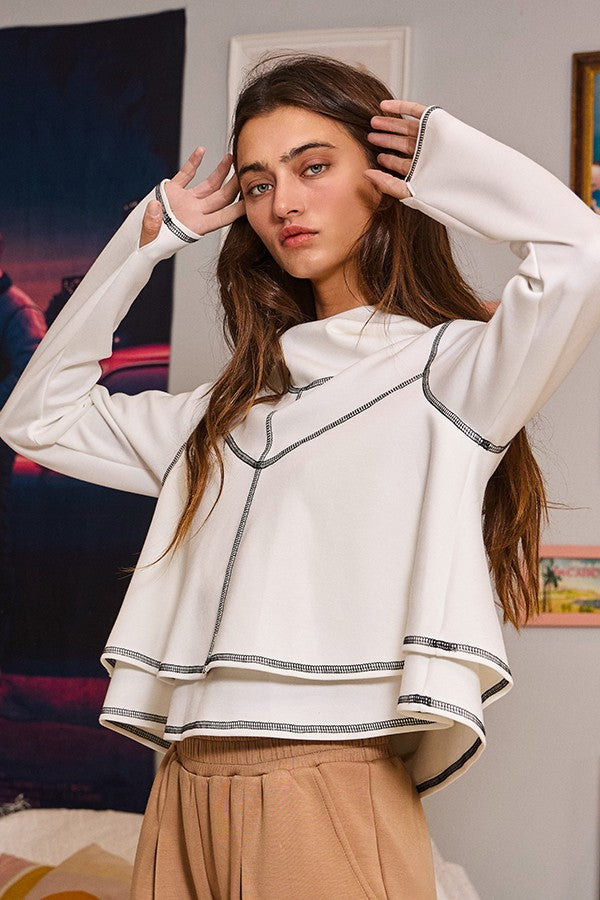 Reverse Stitch Detail Layered Crop Hoodie - Off White