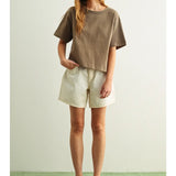 Miou Muse | Short Sleeve Linen Knitted Top - Olive