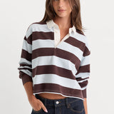 Good American | The Cropped Rugby Polo - Espresso Sky Block Stripe