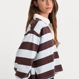 Good American | The Cropped Rugby Polo - Espresso Sky Block Stripe