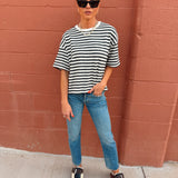Miou Muse | Bold Striped Short Sleeve Top - Charcoal