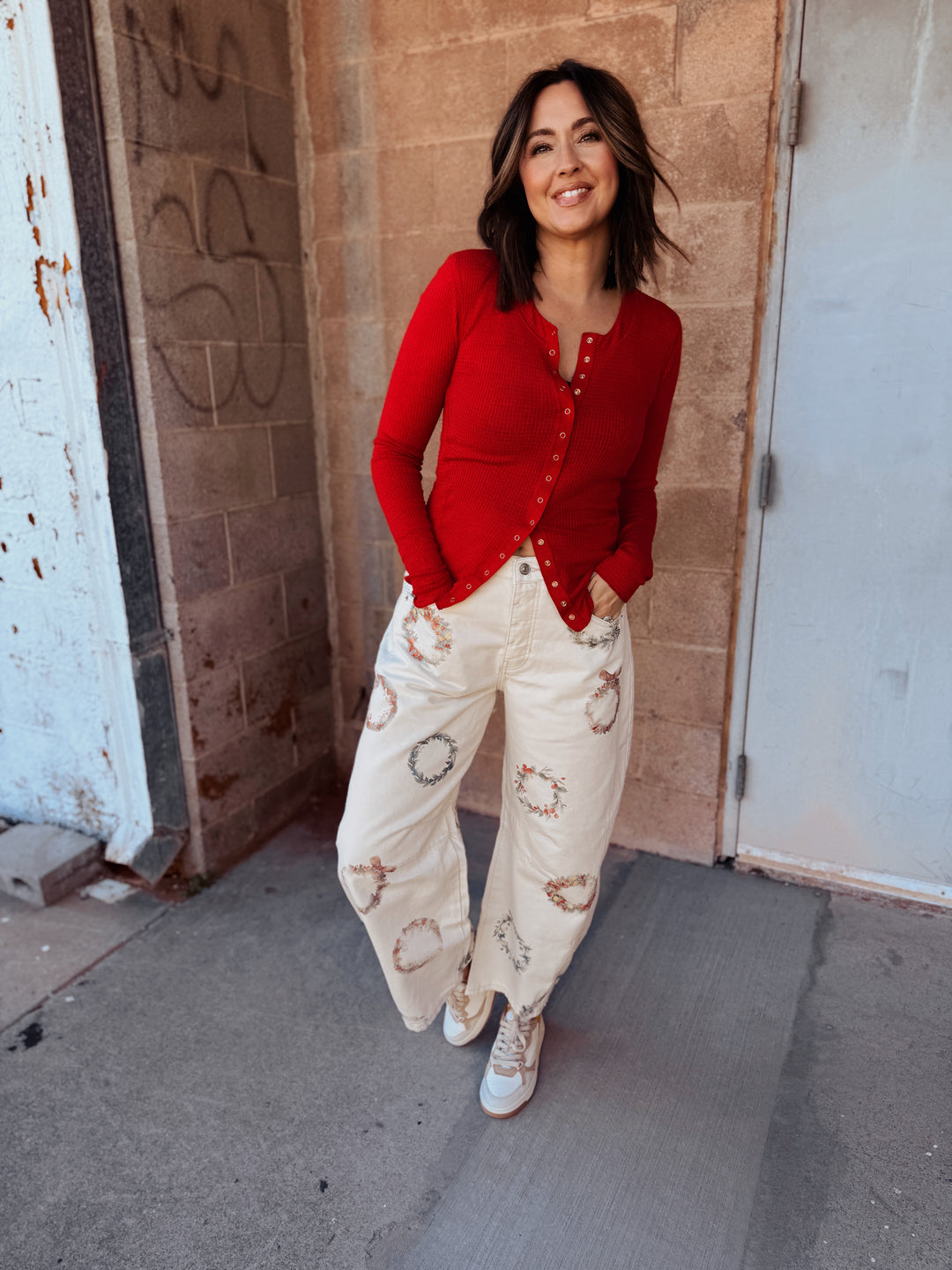 We The Free | Good Luck Printed Barrel Jeans - Water Color Wreath