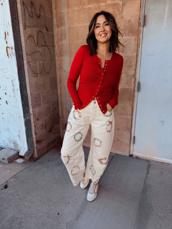 We The Free | Good Luck Printed Barrel Jeans - Water Color Wreath