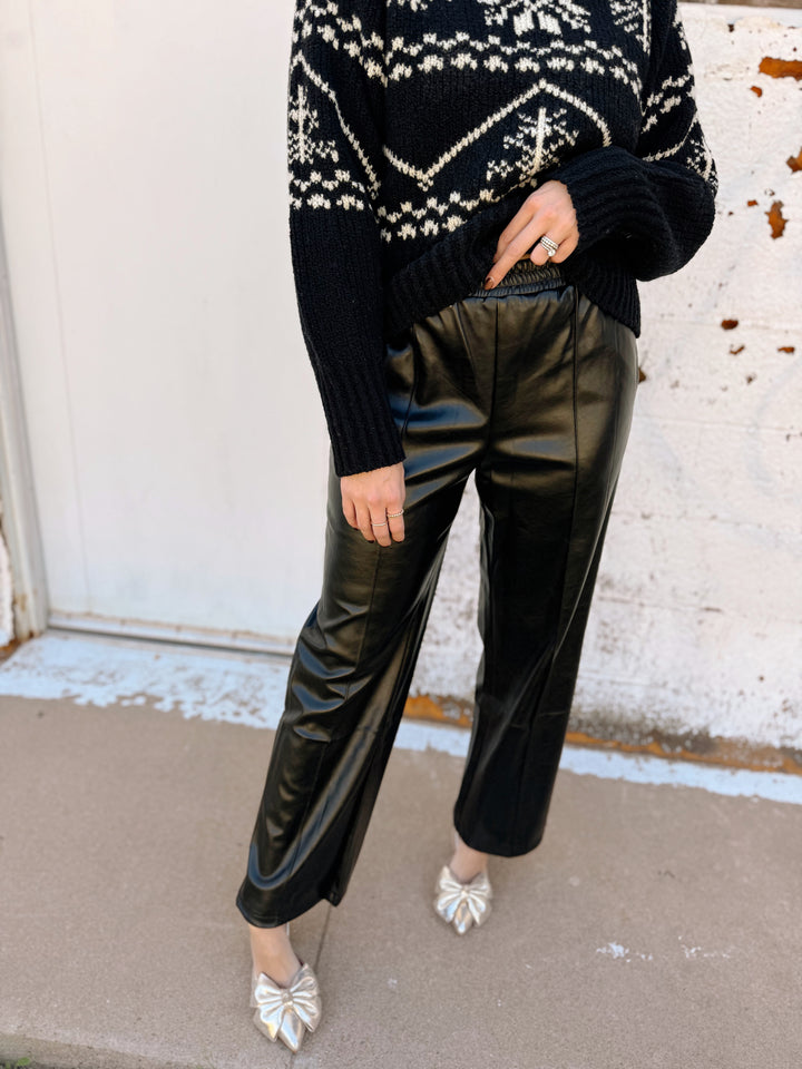 Faux Leather Elastic Waist Pant - Black