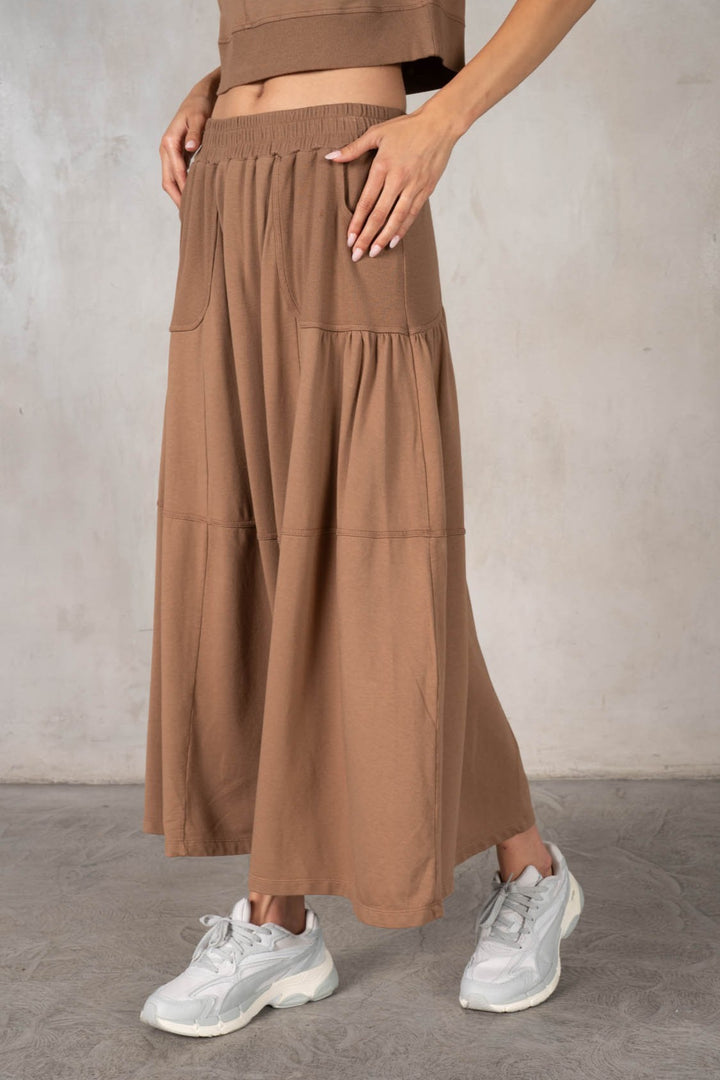 Elastic Waist Midi Skirt- Mocha