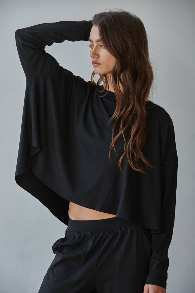 By Together | Knit Viscose Spandex Round Neck Long Sleeve Top - Black