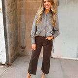 THML | Long Sleeve Gingham Pattern Collared Top - Brown