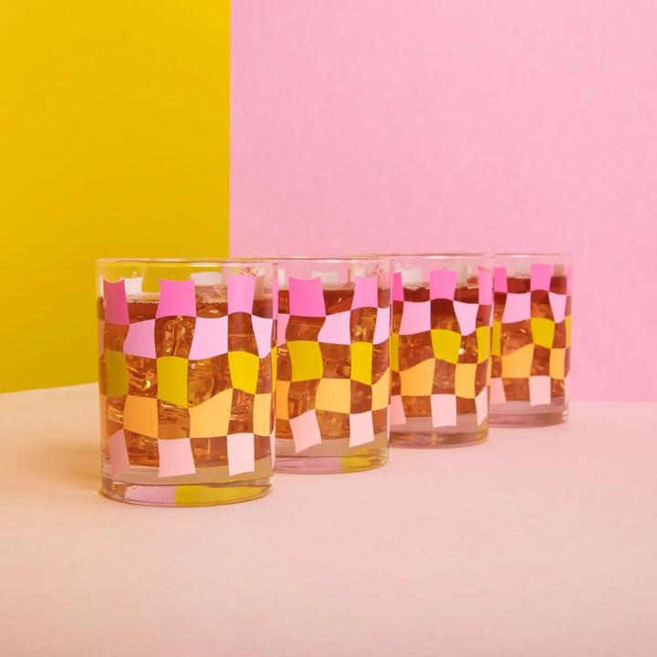 Pink Carnival Checkers Rocks Glass Set