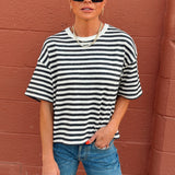Miou Muse | Bold Striped Short Sleeve Top - Charcoal