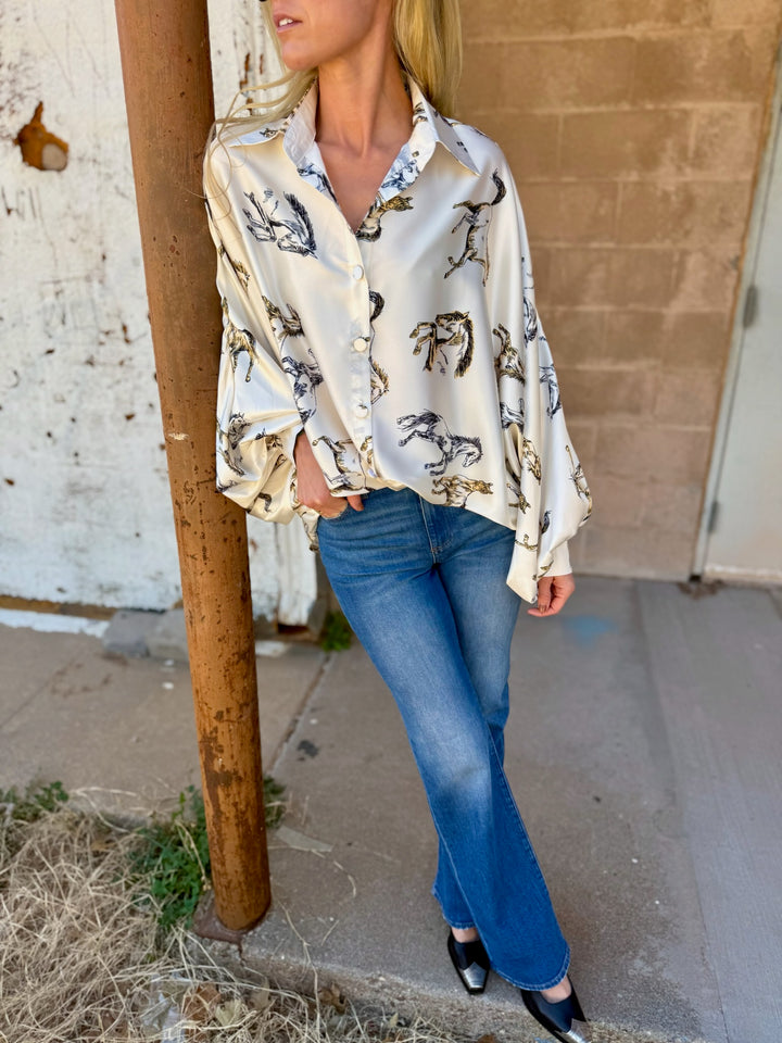 Beulah Style | Angle Horse Printed Satin Blouse - Ivory
