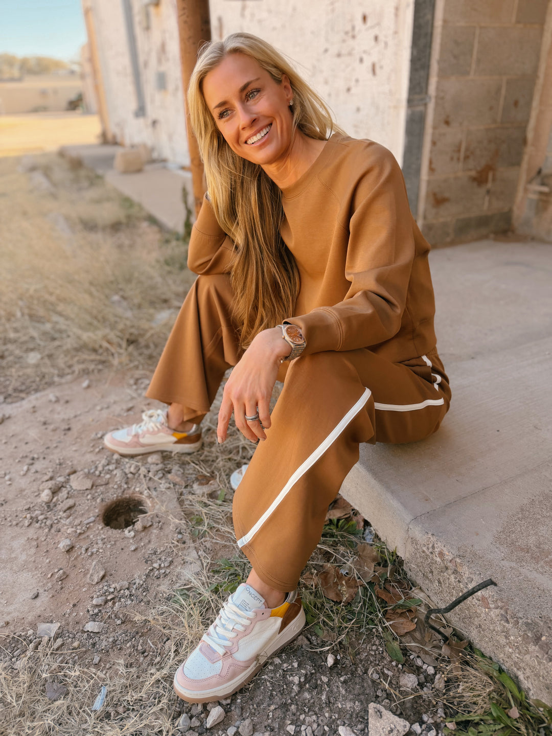 Perfect White Tee | Mikos Wideleg Pant with Stripe - Mocha