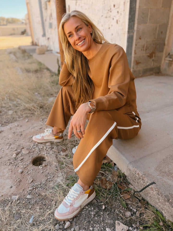 Perfect White Tee | Mikos Wideleg Pant with Stripe - Mocha