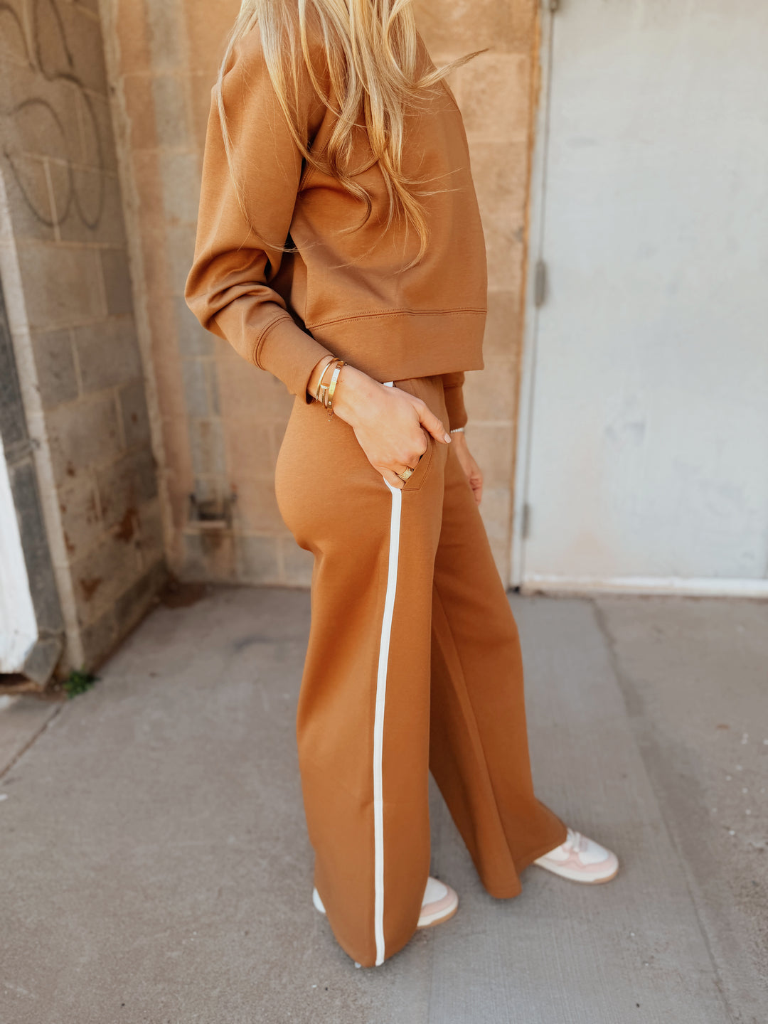 Perfect White Tee | Mikos Wideleg Pant with Stripe - Mocha