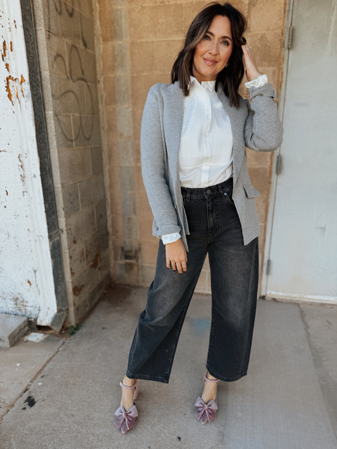 Hillary Knitted Tailored Blazer - Heather Grey