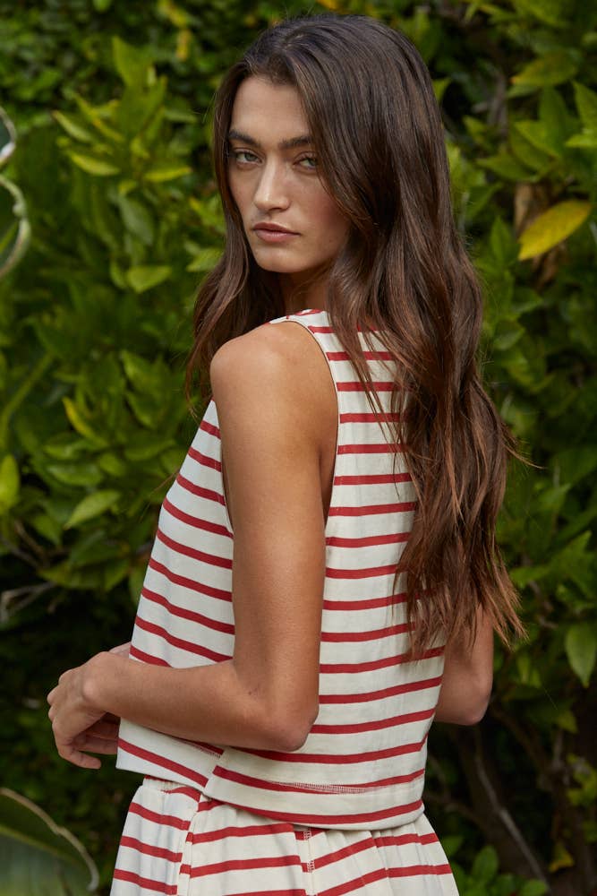 By Together | Knit Cotton Striped Round Neck Sleeveless Top - Cream Red