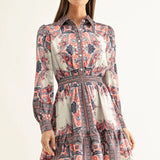 Adelyn Rae | Peyton Long Sleeves Smocked Shirt Mini Dress - Coral Multi