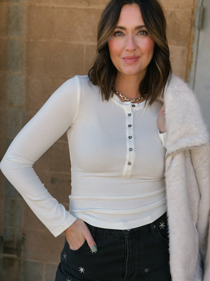 Studio Henley Ribbed Long Sleeve - Off White
