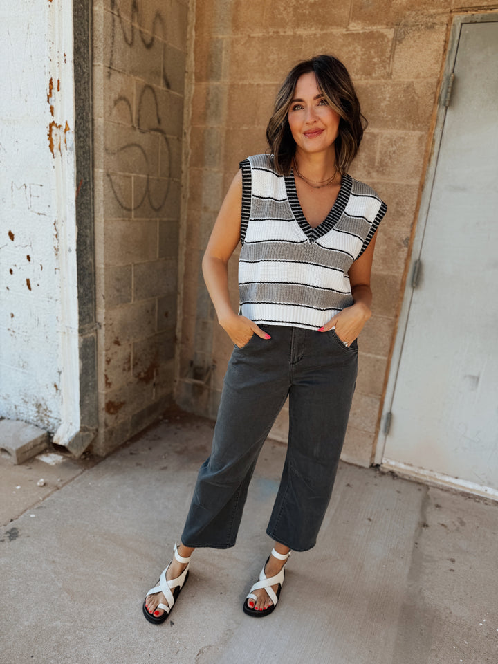 Deep V Sweater Vest | Heather Grey Stripe