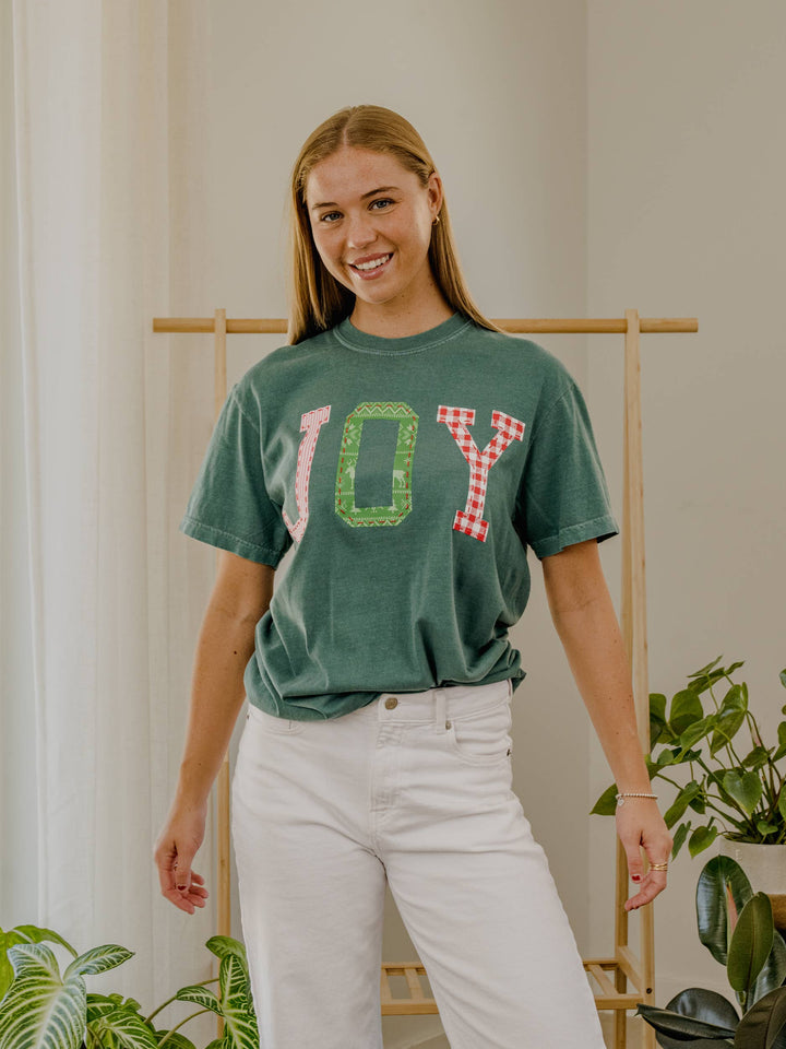 Christmas Holiday JOY Quilted Puff Ink Tee - Green