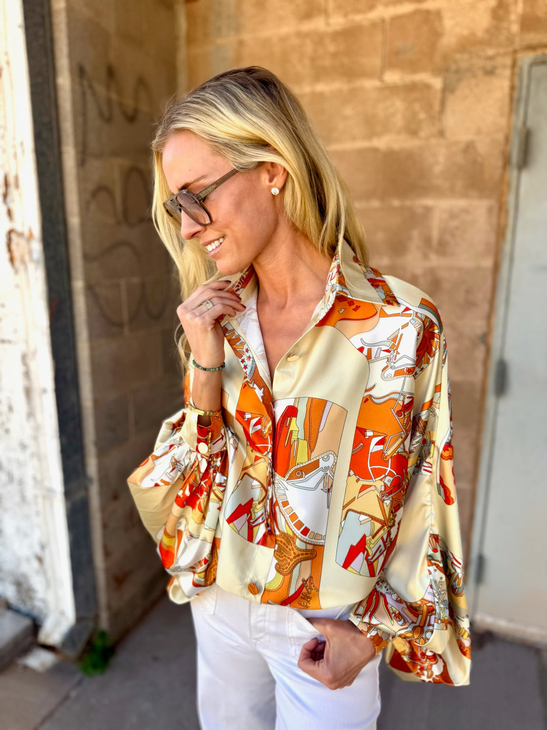 Beulah | Modern Abstract Satin Blouse - Orange