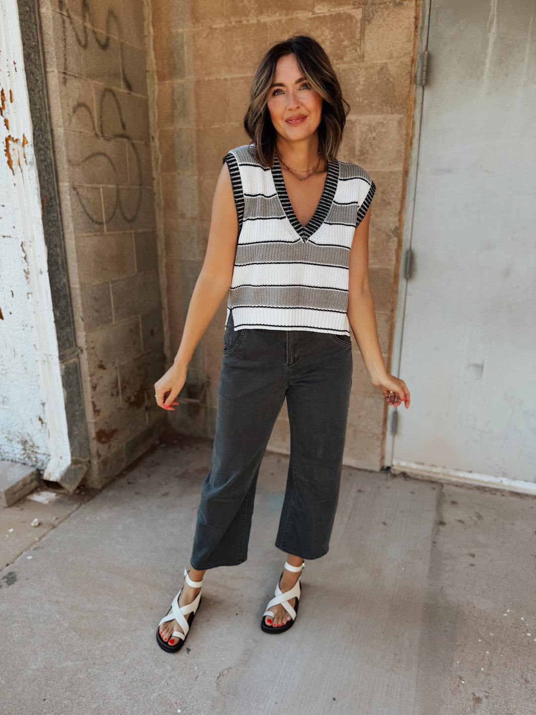 Deep V Sweater Vest | Heather Grey Stripe
