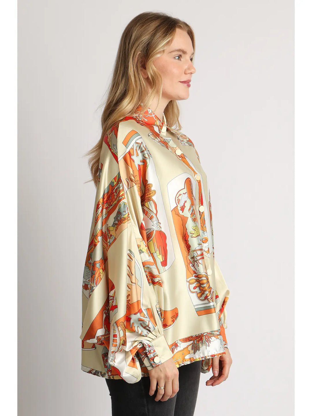 Beulah | Modern Abstract Satin Blouse - Orange