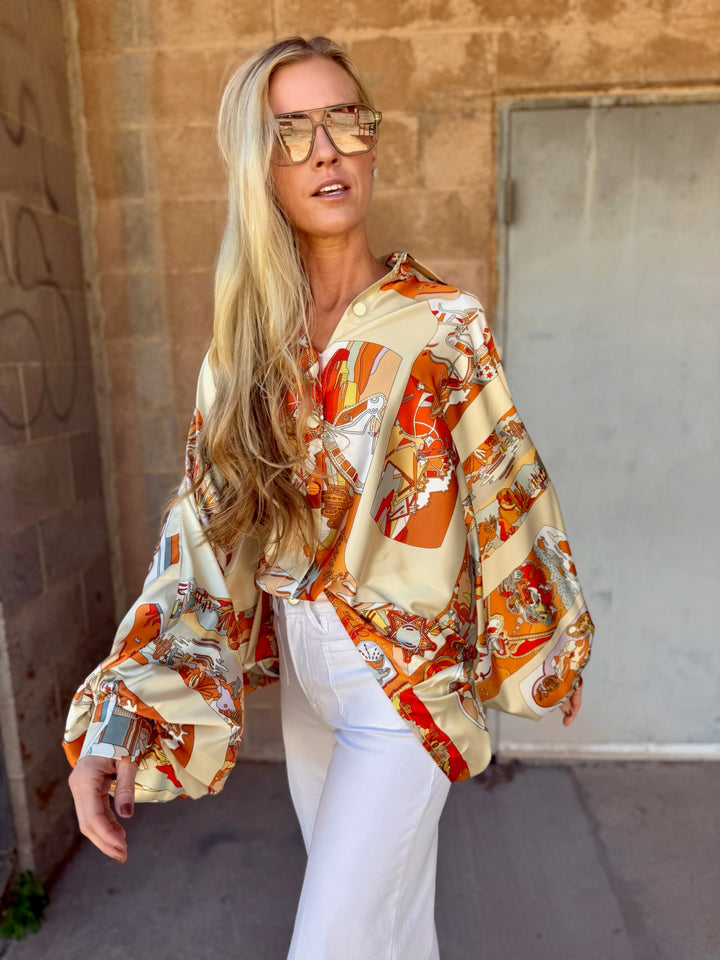 Beulah | Modern Abstract Satin Blouse - Orange