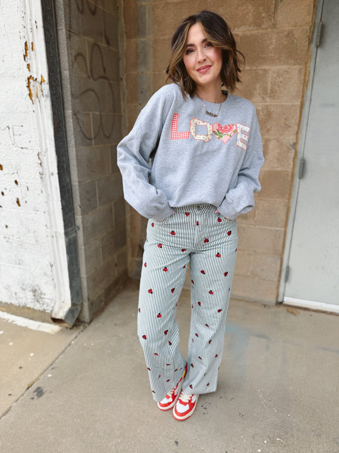 Love Quilt Print Valentines Day Gray Thrifted Sweatshirt