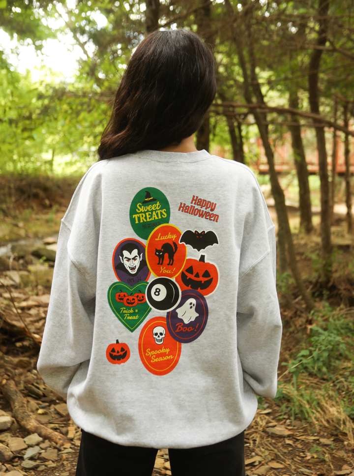Spooky Season Sticker Sweatshirt- Heather Grey