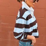 Good American | The Cropped Rugby Polo - Espresso Sky Block Stripe